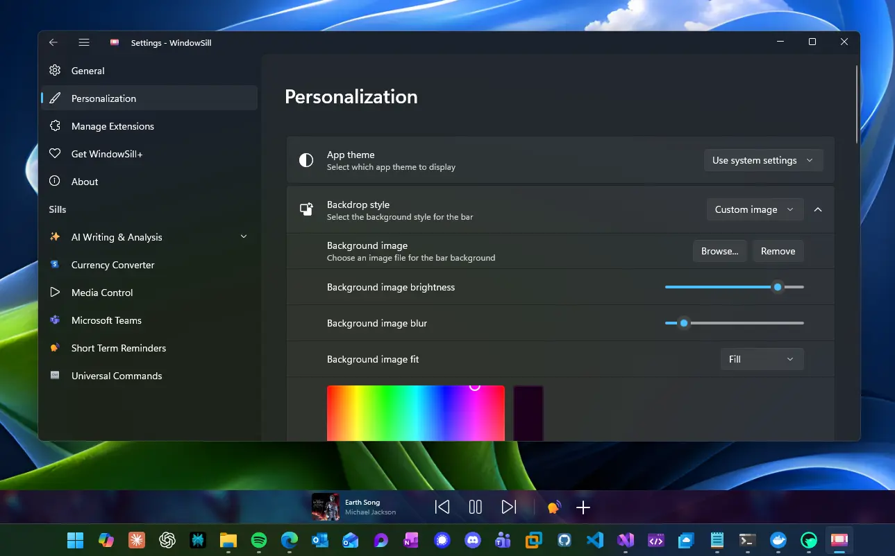Custom color and image background settings
