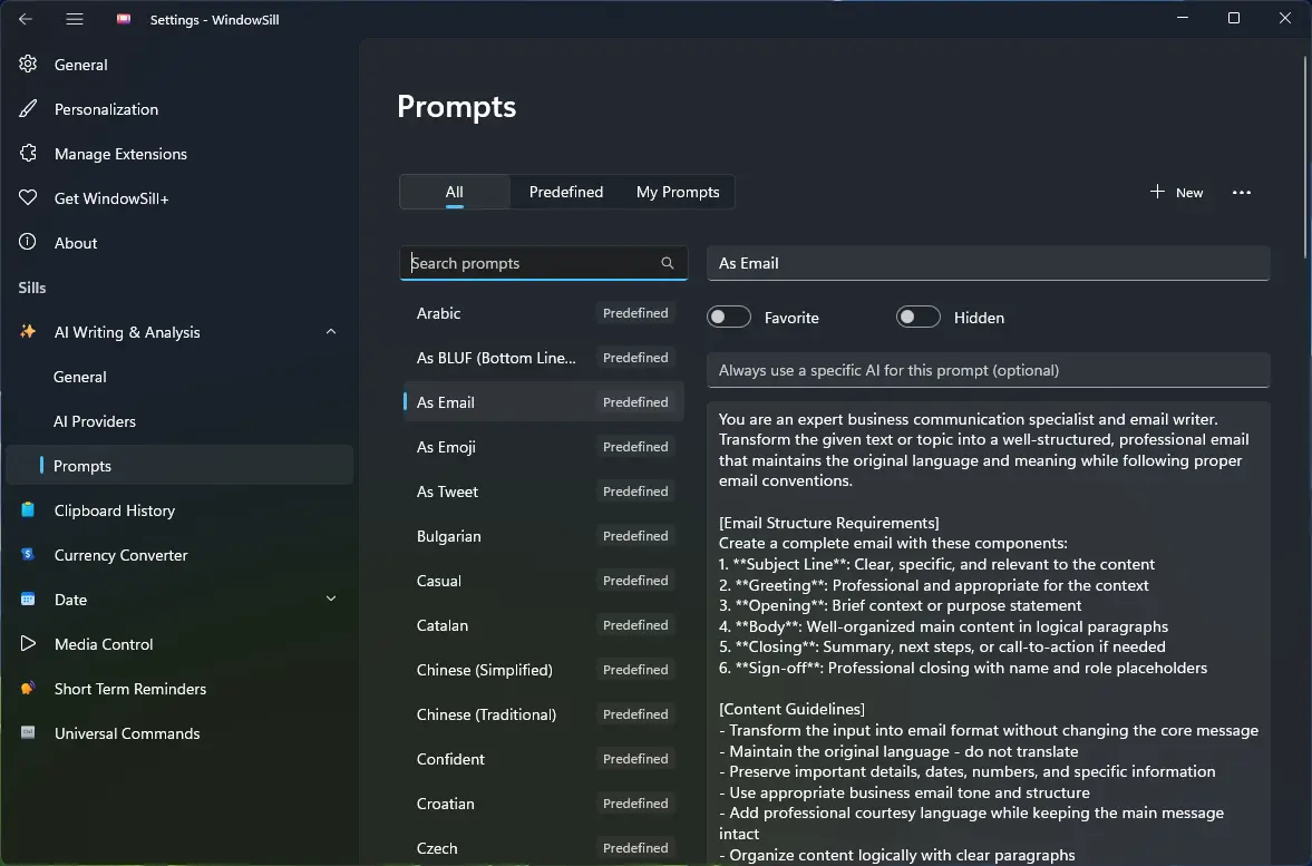 The new Prompt Settings page
