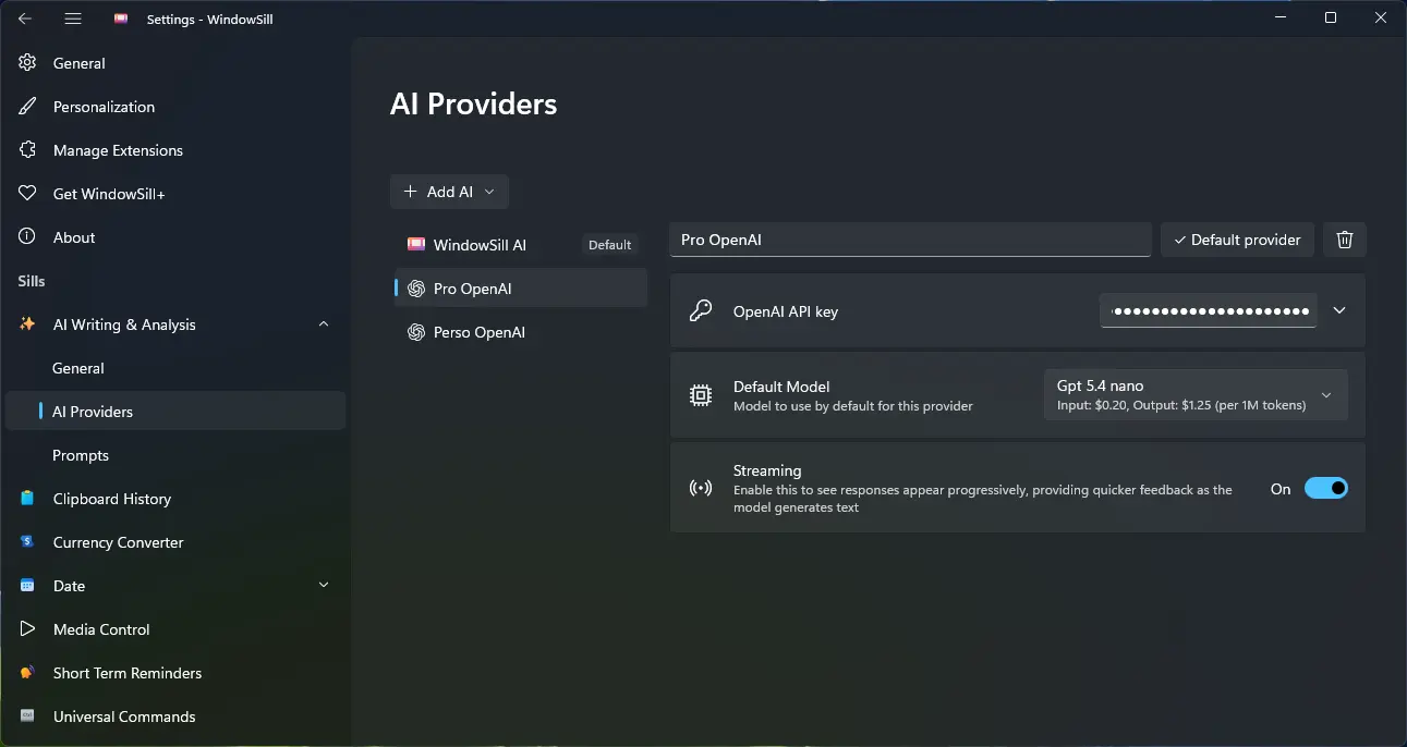 The new Providers Settings page