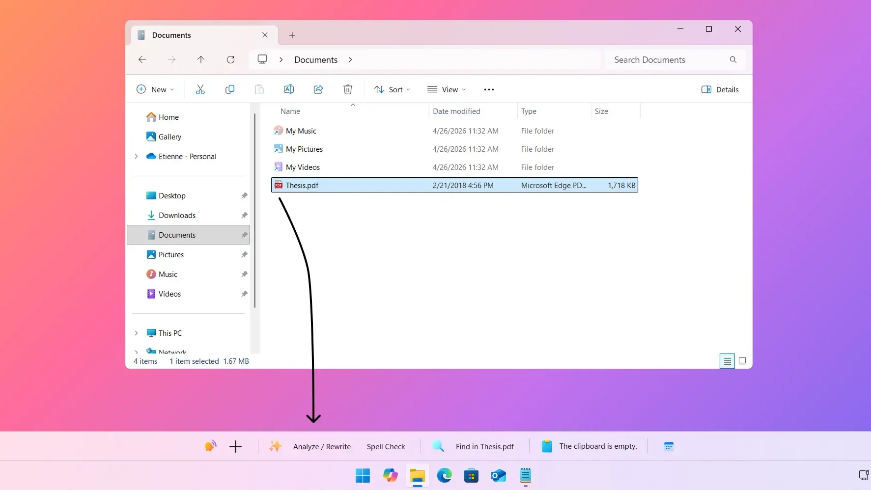 WindowSill reacting to a PDF selected in File Explorer