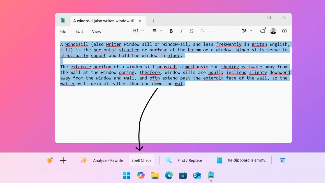 Spell check prompt pinned as a favorite