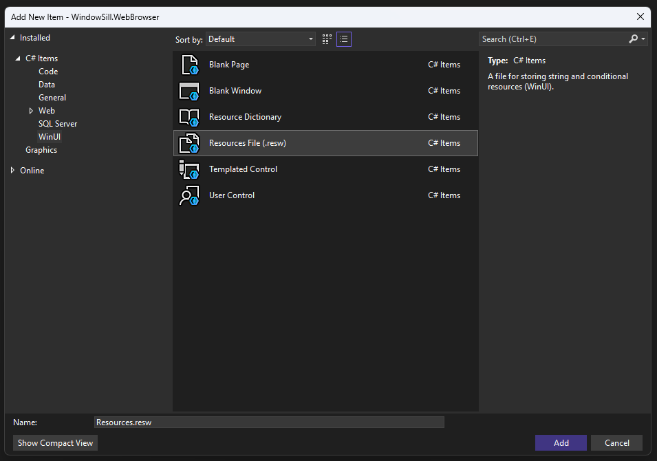 Visual Studio - Add New Item - A file with .resw extension