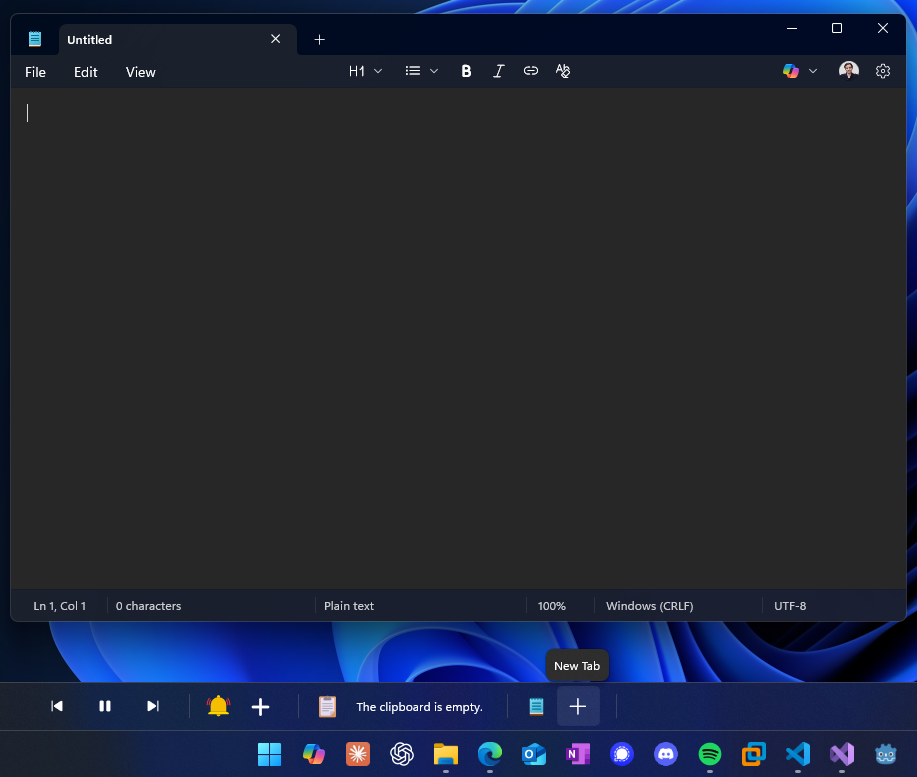 WindowSill - Notepad - A command bar appearing when